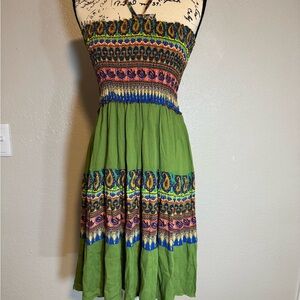 Vibrant Strapless Dress with Green and Blue Accents